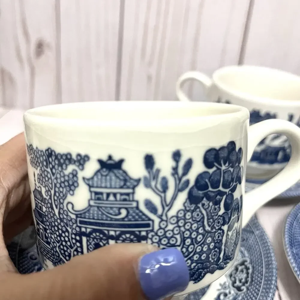 VTG Set 5 Churchill Blue Willow Coffee Tea Cups and Saucers Made in England MCM